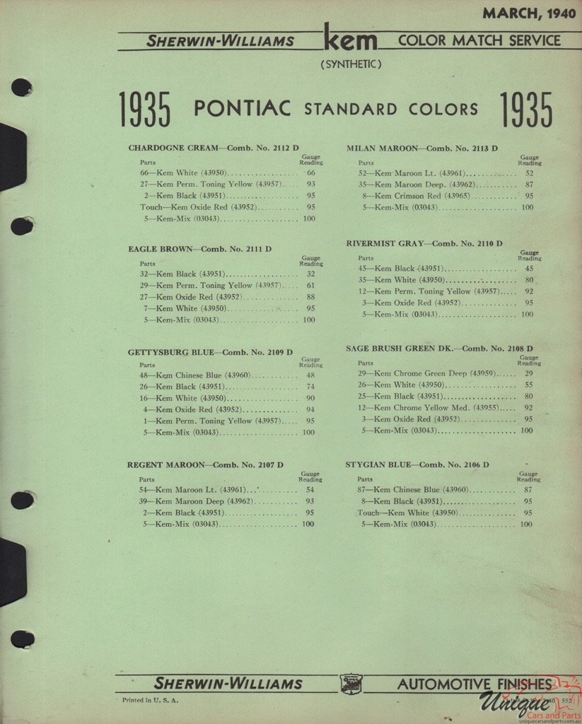 1935 Pontiac Paint Charts Williams 3